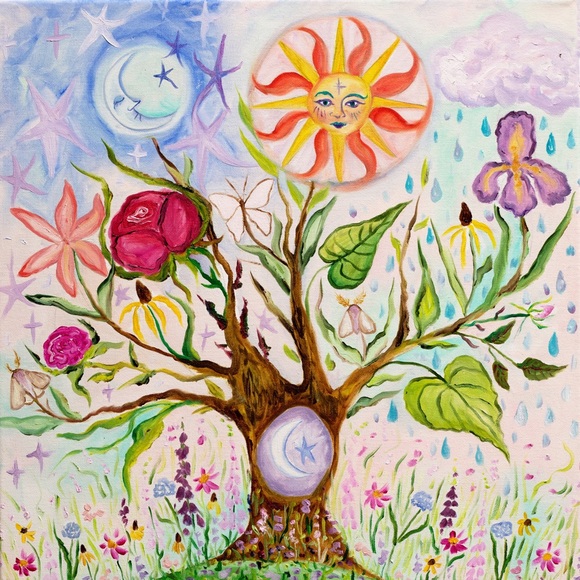 Tree of Life Whimsy Art Print flowers rabbit sun moon colorful whimsical fantasy - Picture 8 of 9